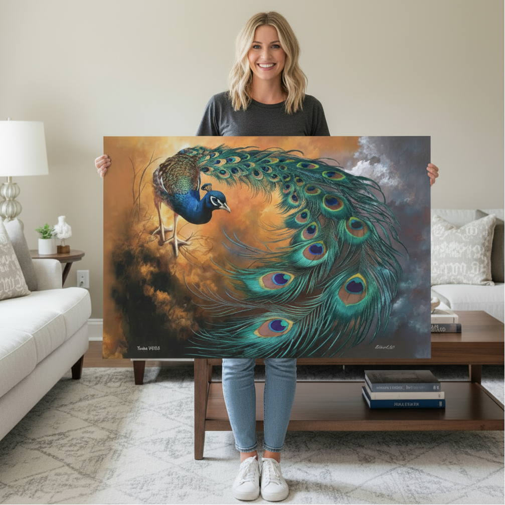 Person holding a large painting of a peacock in a living room setting