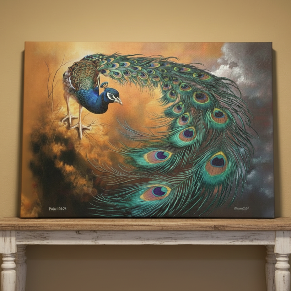 Canvas Painting of a peacock with vibrant feathers on a wooden table against a beige wall.