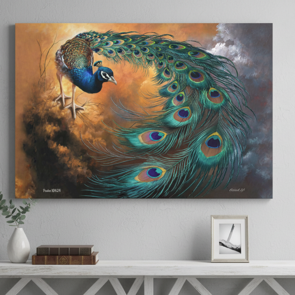 Canvas Painting of a peacock with vibrant feathers on a wall above a white shelf.