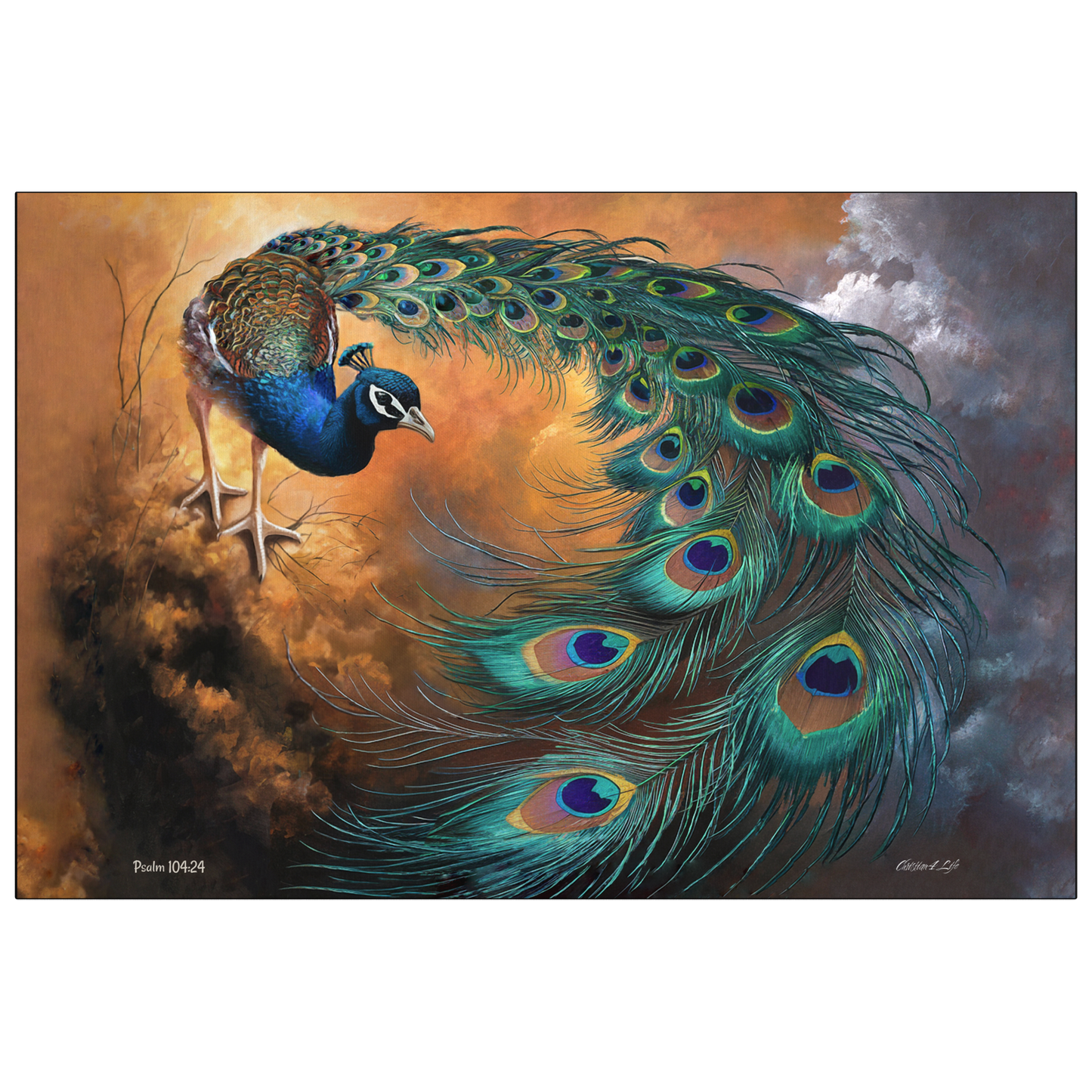 Painting of a peacock with vibrant feathers against a dramatic sky.