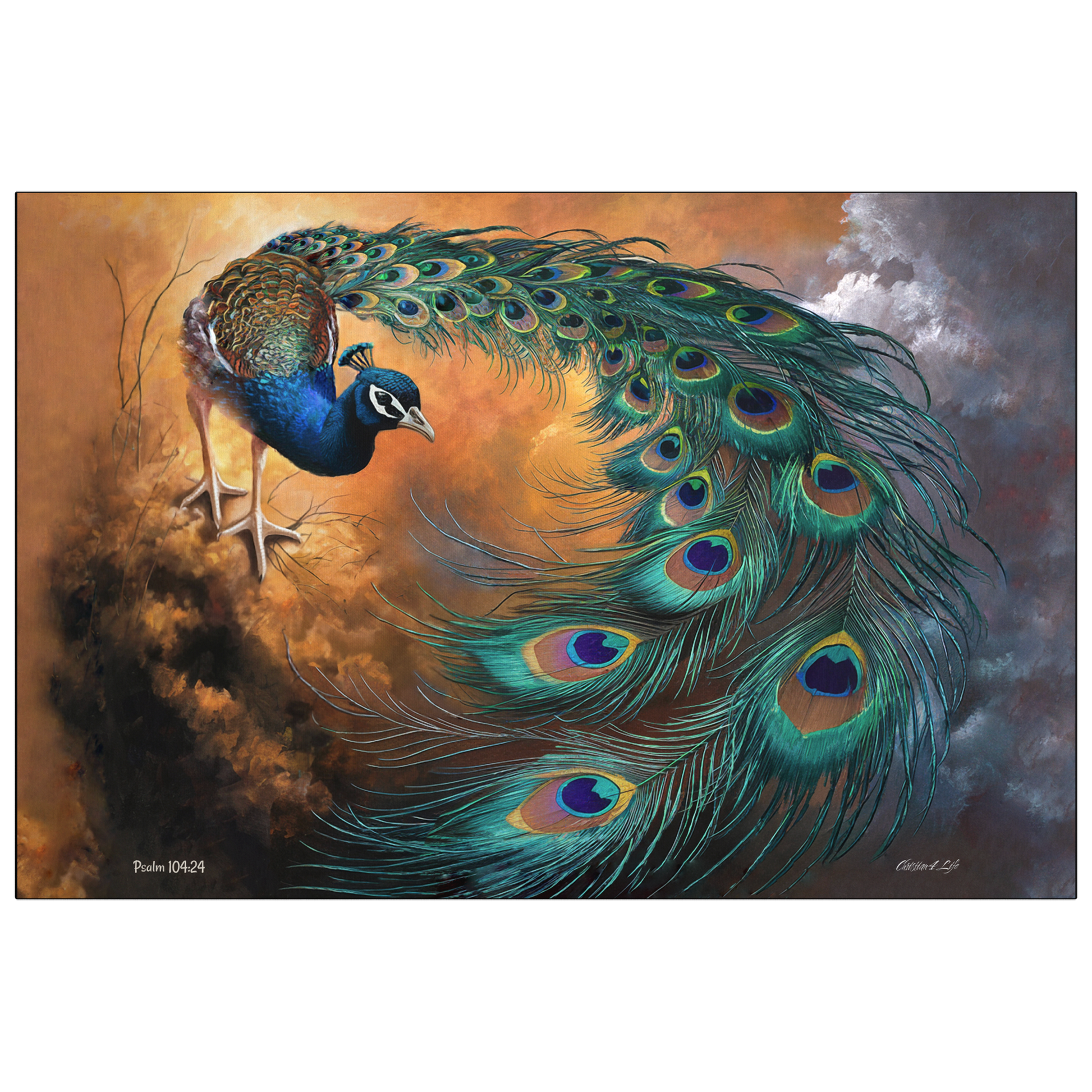 Painting of a peacock with vibrant feathers against a dramatic sky.