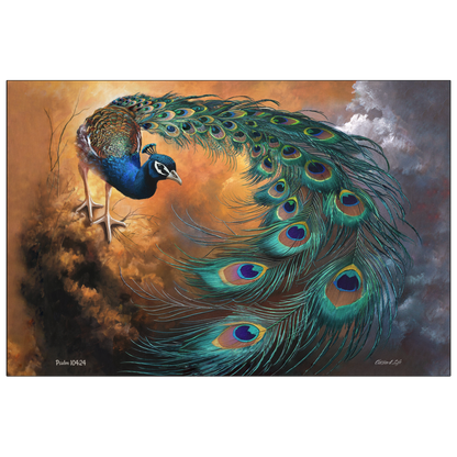 Painting of a peacock with vibrant feathers against a dramatic sky.