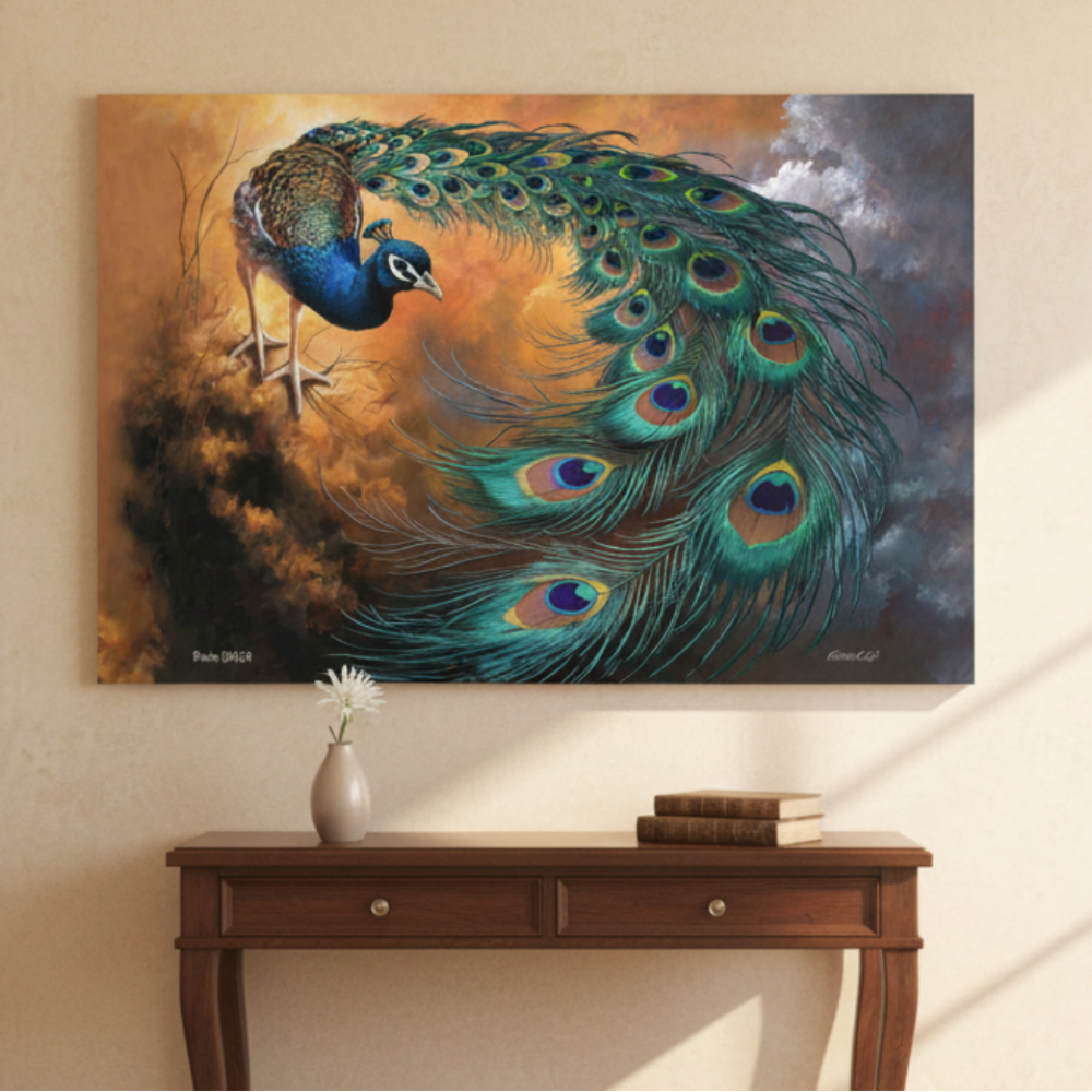 canvas art Painting of a peacock with vibrant colors on a wall above a wooden console table.