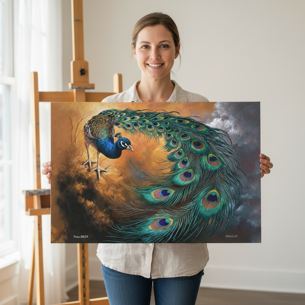 Person holding a canvas painting of a peacock