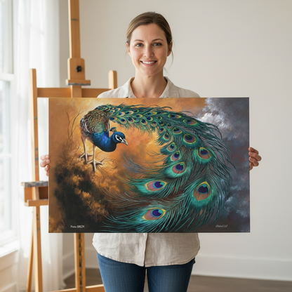 Person holding a canvas painting of a peacock