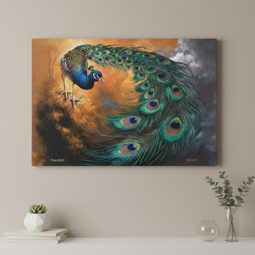 Painting of a peacock on a wall with decorative items below