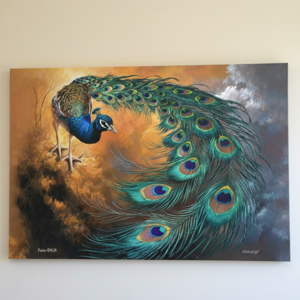 Canvas print art Painting of a peacock with vibrant feathers against a warm background