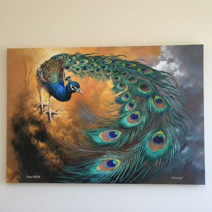 Canvas print art Painting of a peacock with vibrant feathers against a warm background