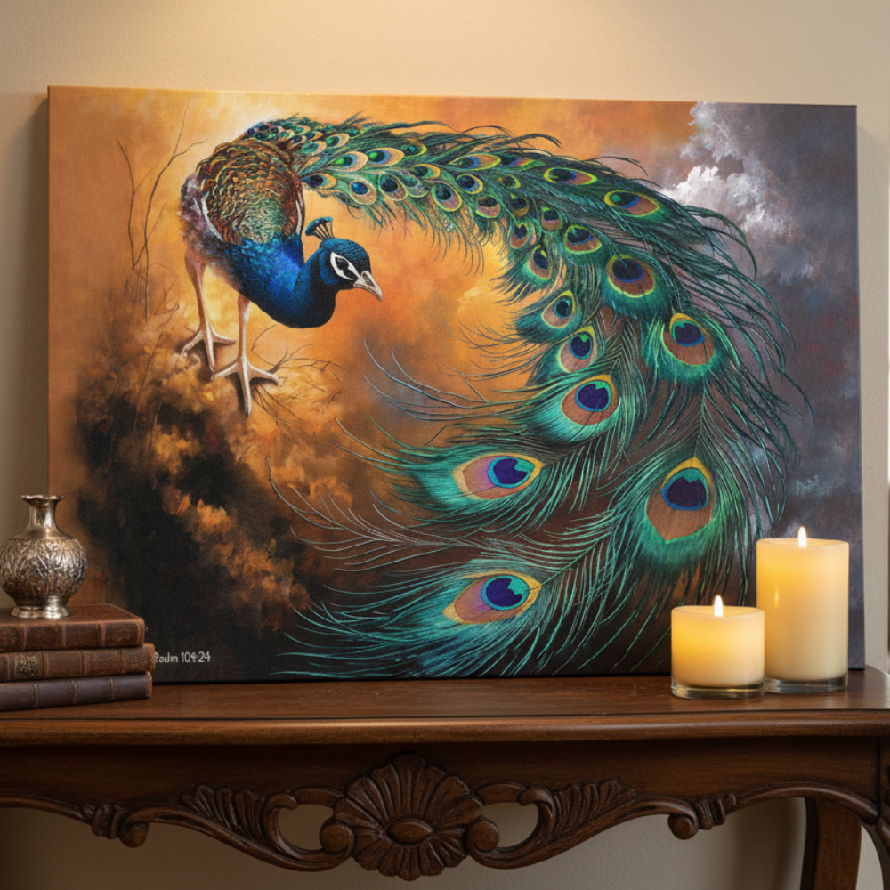 Peacock painting on a wall above a wooden console table with candles and books.