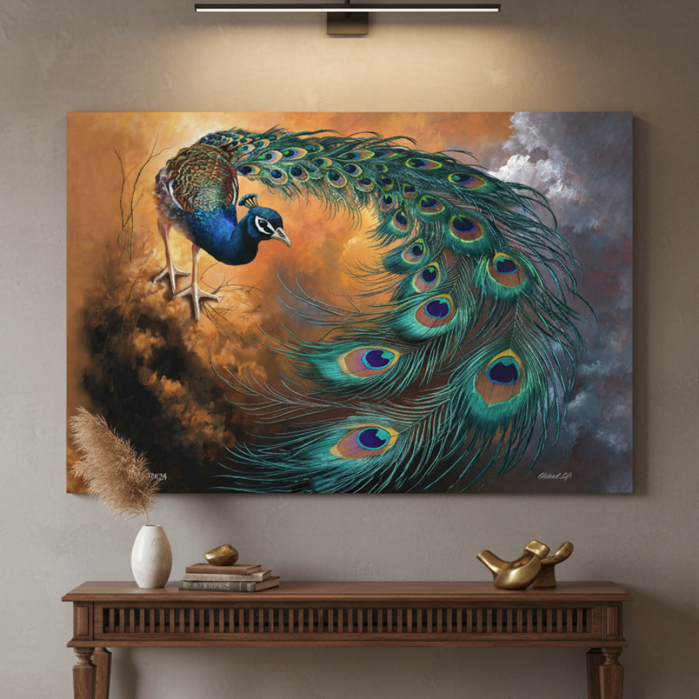 Peacock canvas painting on a wall above a wooden console table with decorative items.