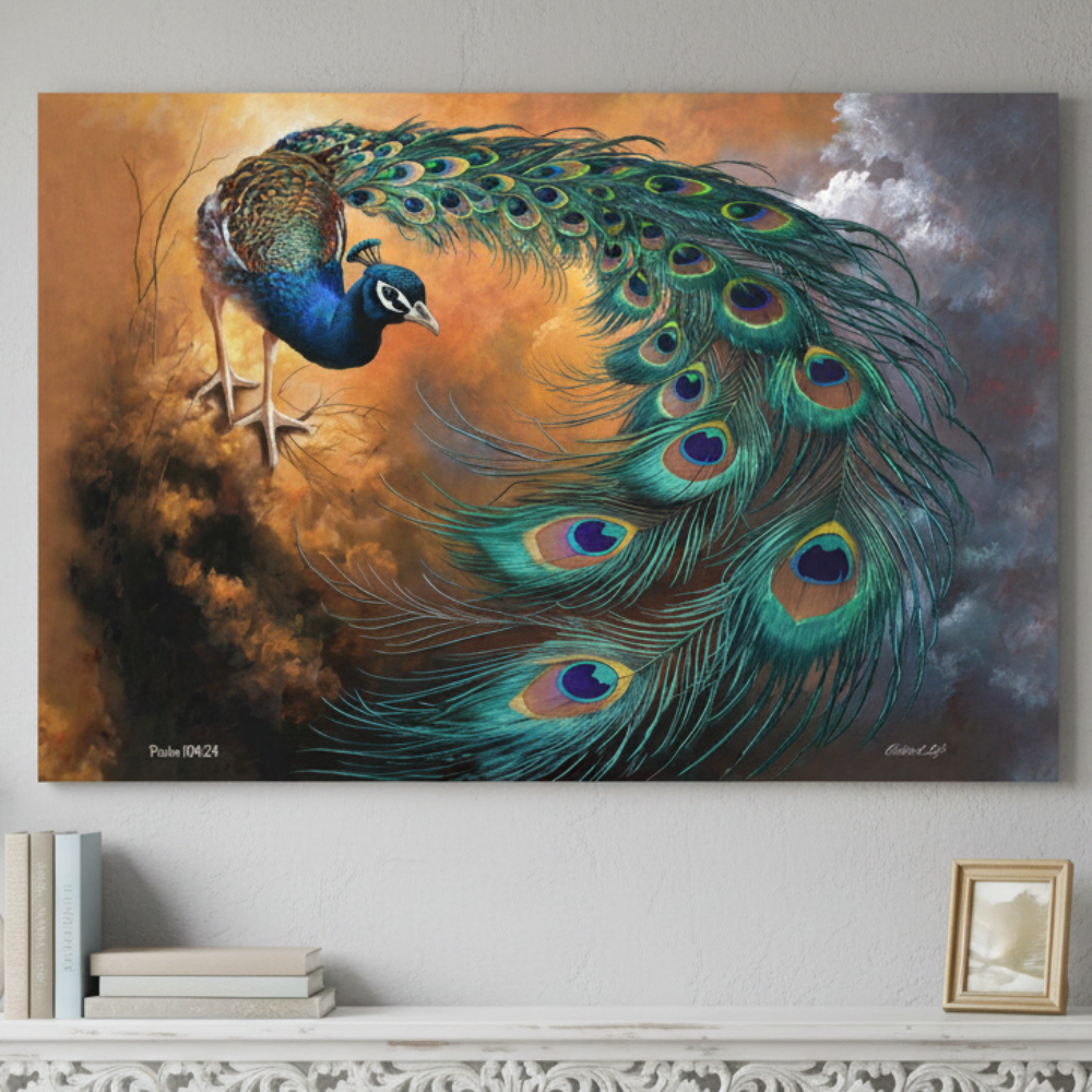 Painting of a peacock with vibrant feathers on a wall above a shelf.