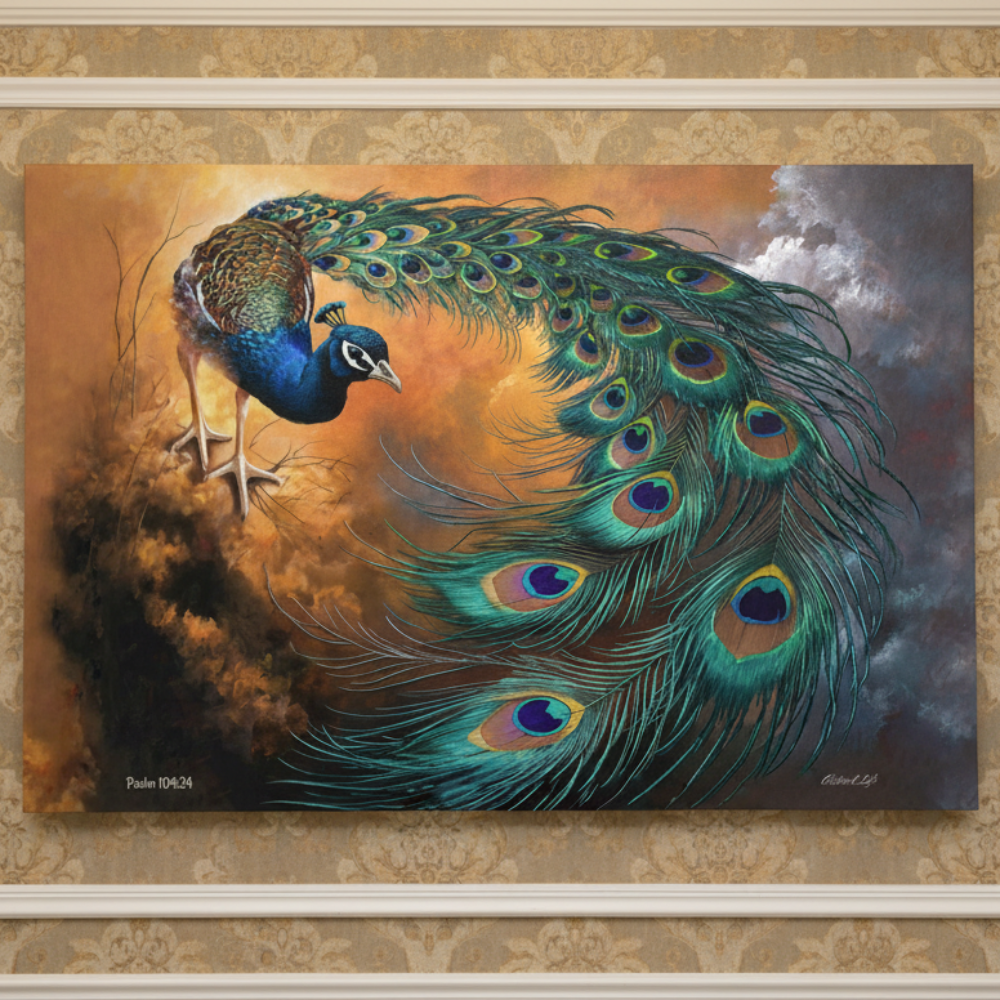 Painting of a peacock with vibrant feathers on a textured wall.
