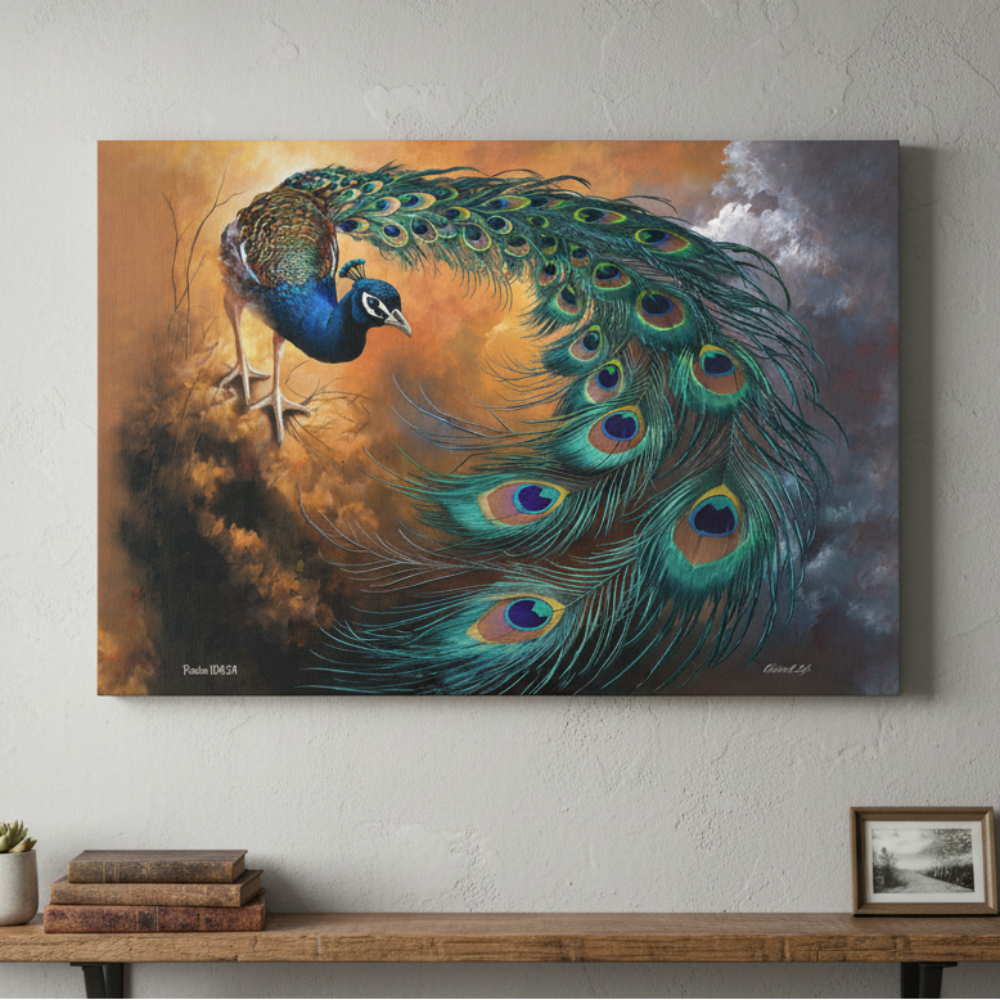 Canvas print of a peacock on a wall above a wooden shelf.
