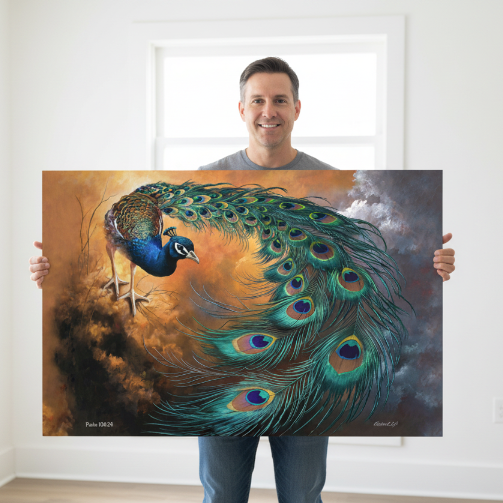 Man holding a large canvas print painting of a peacock
