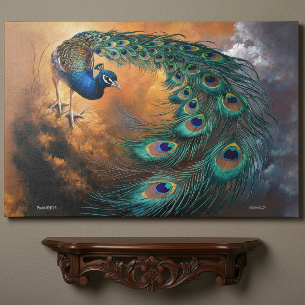 Painting of a peacock with vibrant feathers on a wall above a wooden shelf.