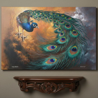 Painting of a peacock with vibrant feathers on a wall above a wooden shelf.