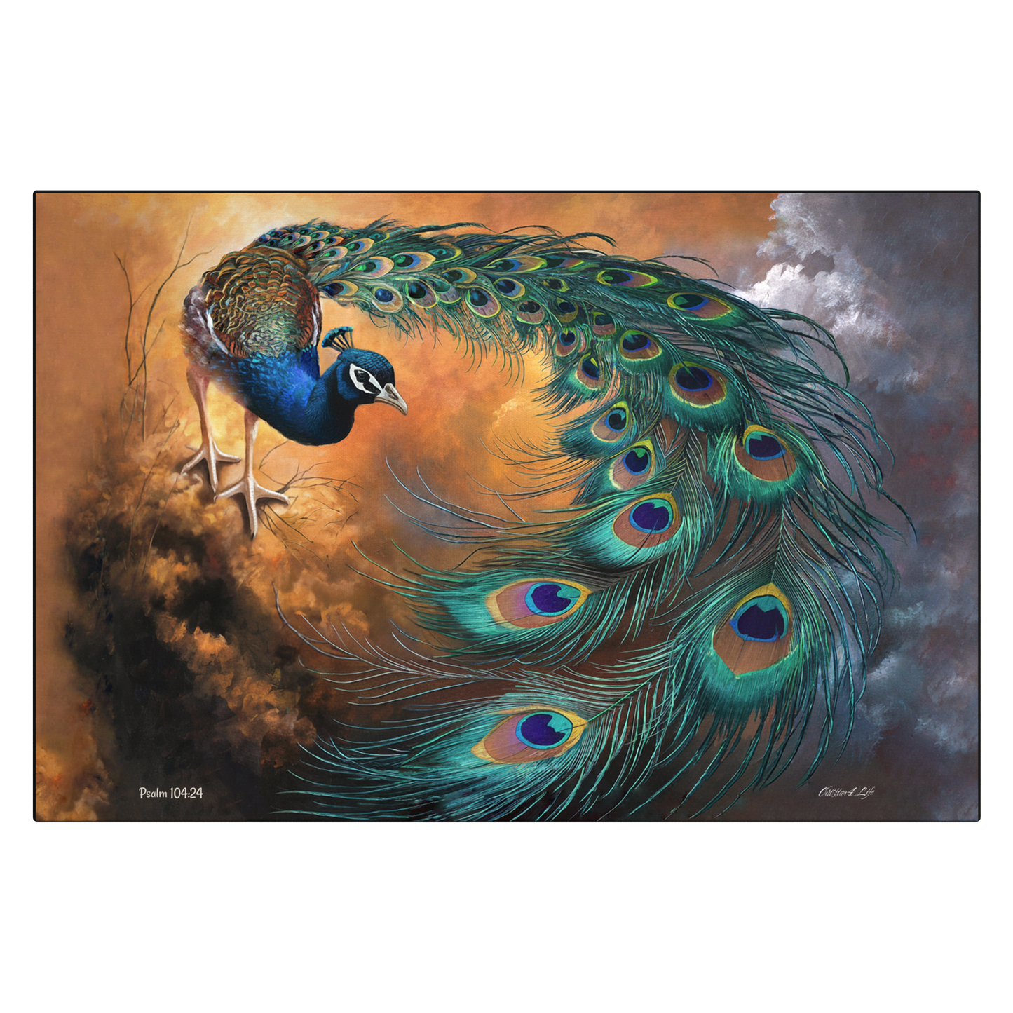 Painting of a peacock with vibrant feathers against a cloudy sky background