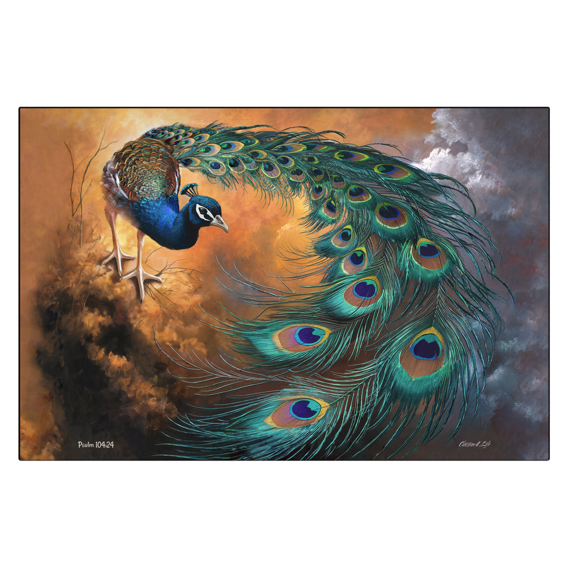Painting of a peacock with vibrant feathers against a cloudy sky background
