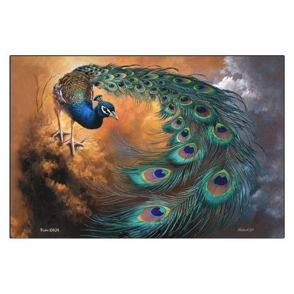 Painting of a peacock with vibrant feathers against a cloudy sky background