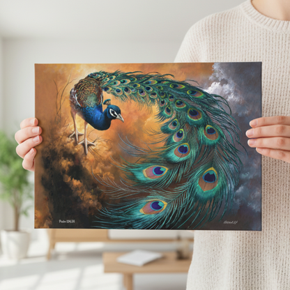 Person holding a poster of a peacock with vibrant feathers.