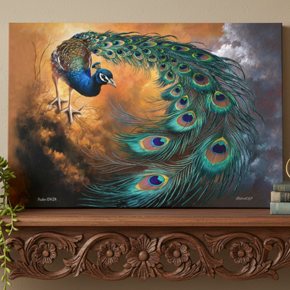 Canvas print - Painting of a peacock with vibrant feathers on a wooden shelf.