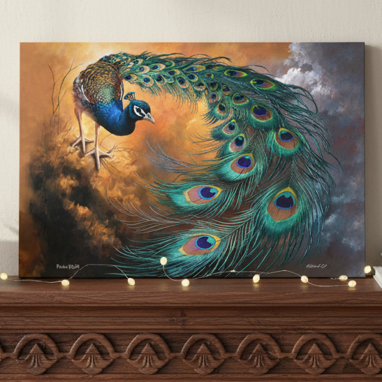 Painting of a peacock on a wooden surface with decorative elements