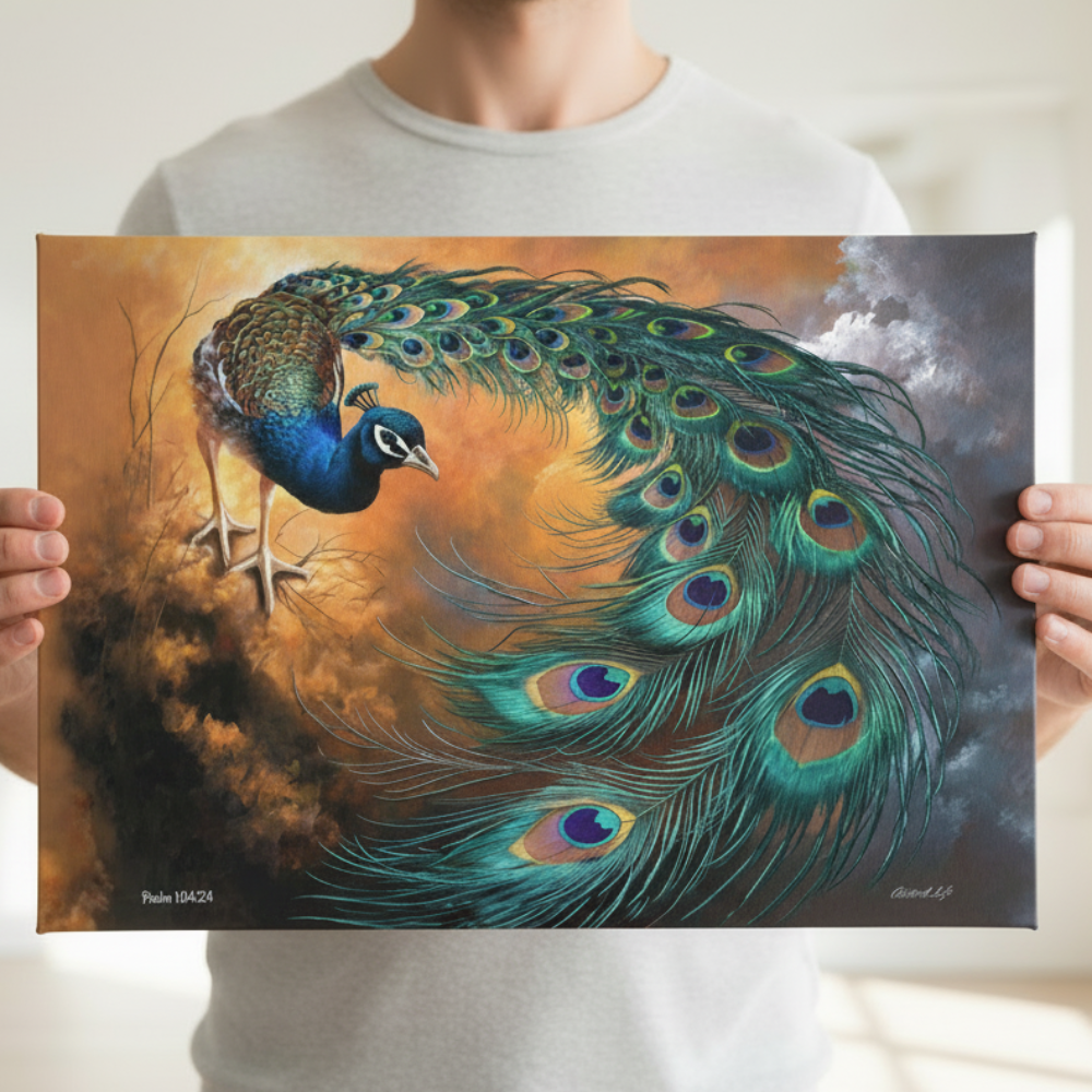 Person holding a painting of a peacock with vibrant colors.