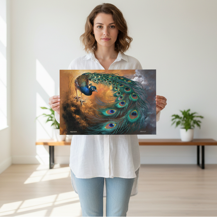 Woman holding a print of a peacock feather painting in a bright room.