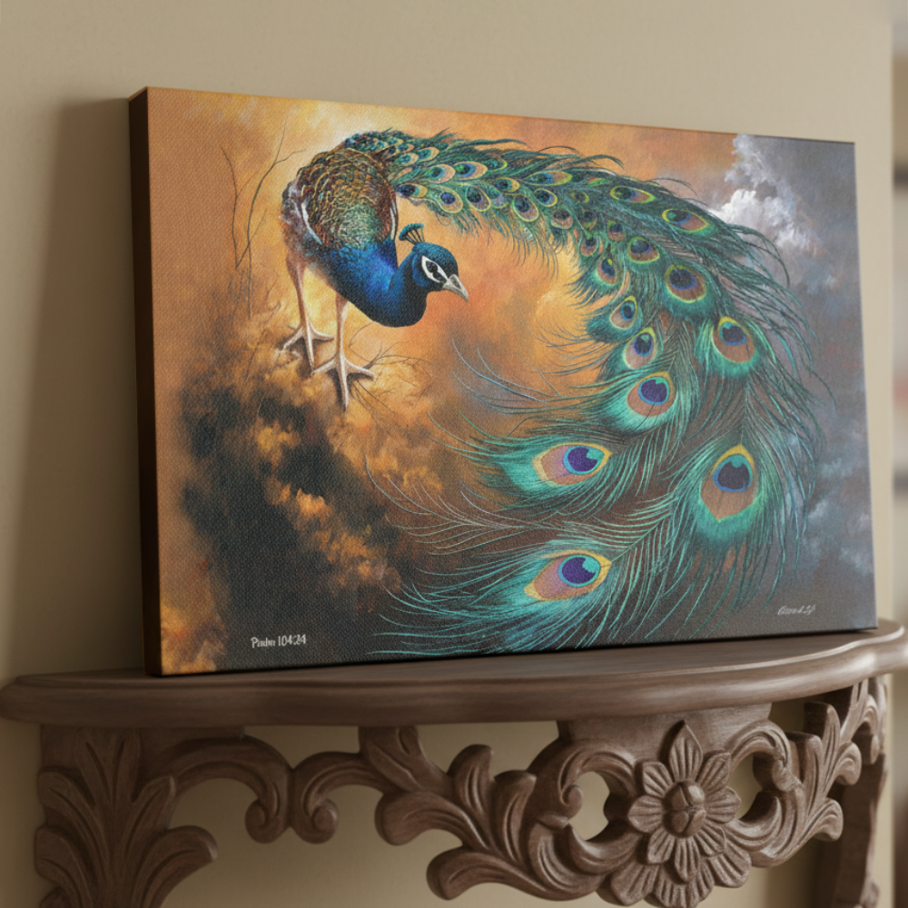 Painting of a peacock on a decorative shelf against a beige wall