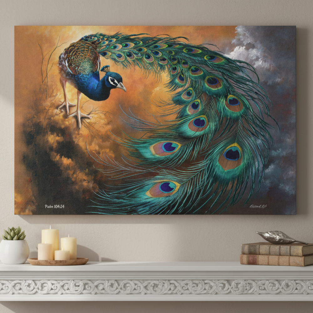 Painting of a peacock with vibrant feathers on a wall above a decorative shelf.
