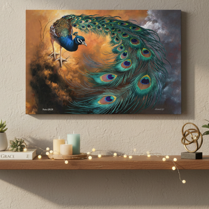 Peacock painting on a wall above a wooden shelf with candles and decor.