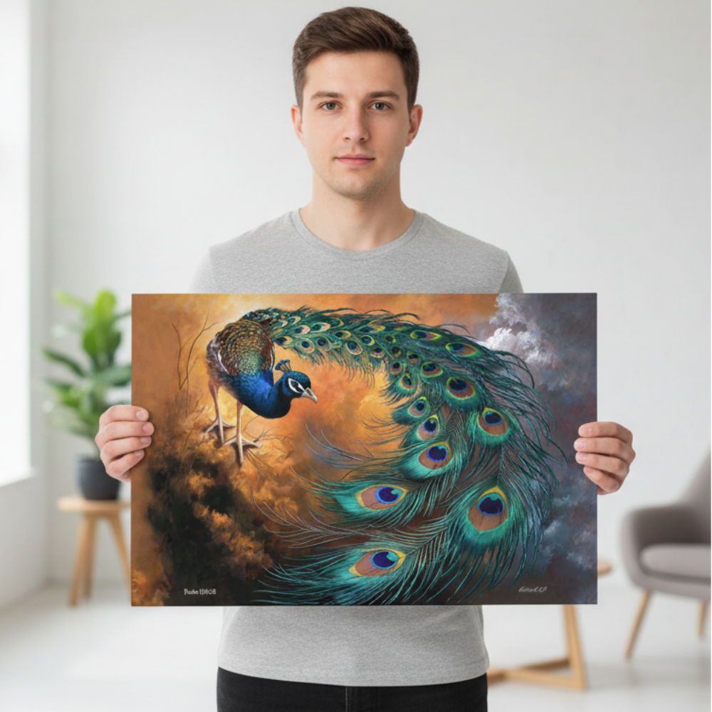 Man holding a canvas print of a peacock in a room with a plant and chair.