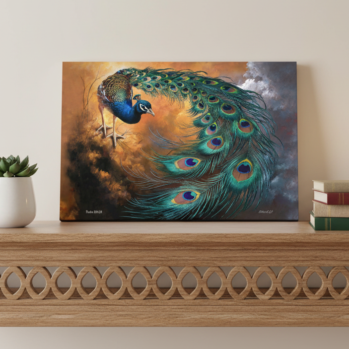 Canvas print of a peacock on a wooden shelf with a plant and books.