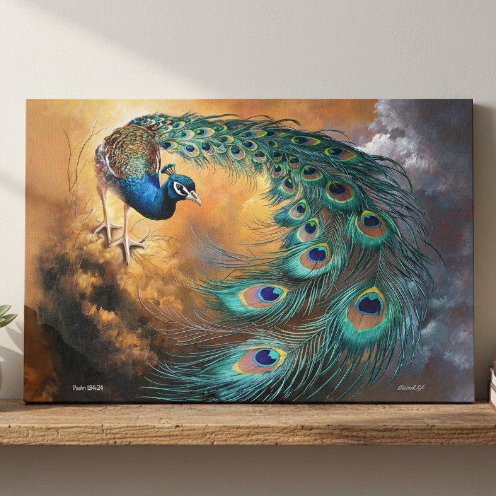 Painting of a peacock with vibrant feathers on a wooden shelf.