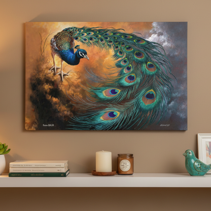 Canvas Painting of a peacock on a wall above a shelf with decor items.