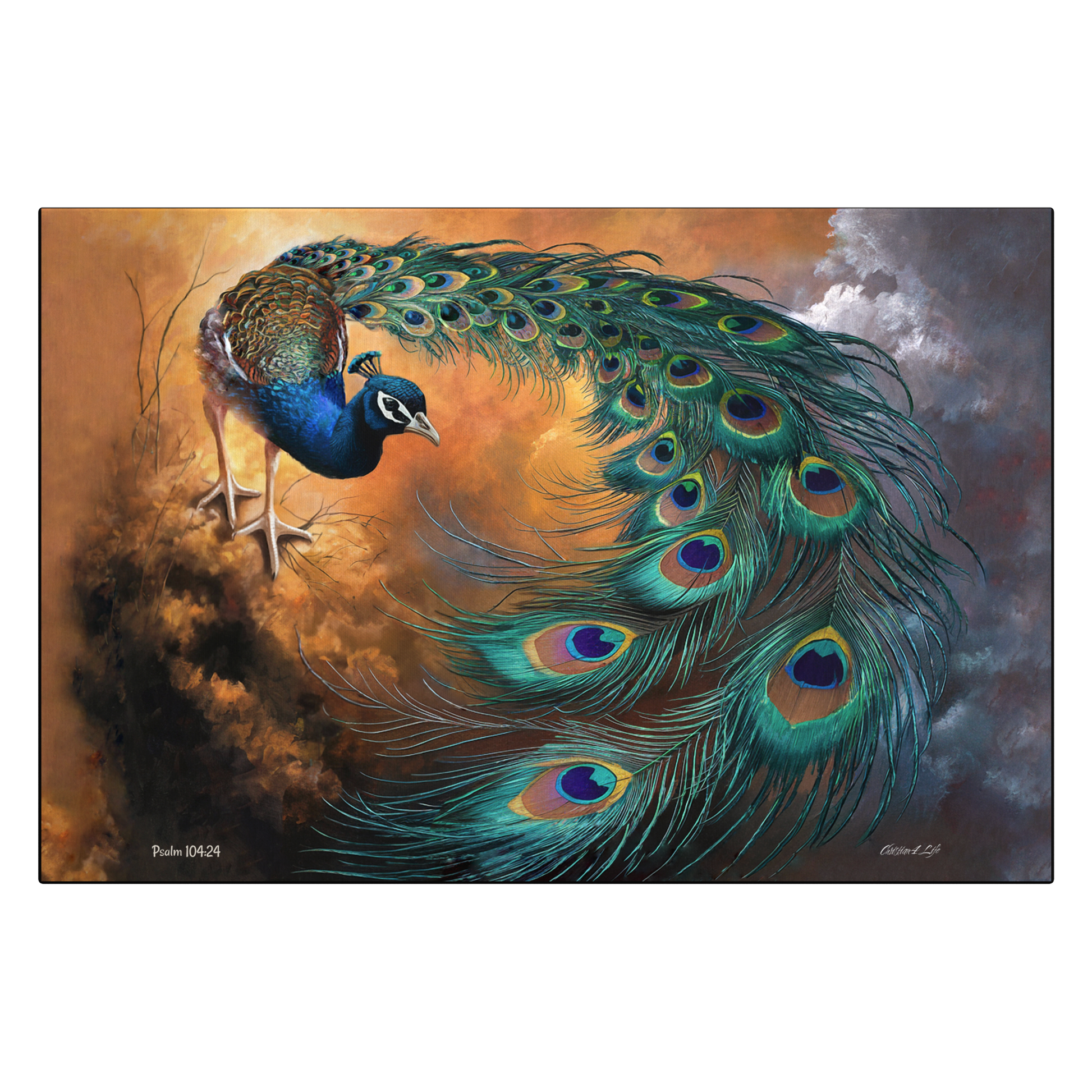 Painting of a peacock with vibrant feathers against a dynamic background