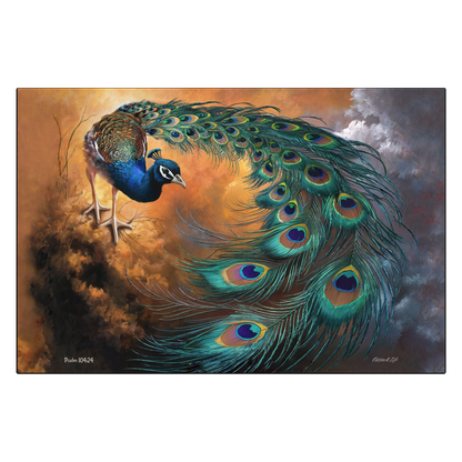 Painting of a peacock with vibrant feathers against a dynamic background