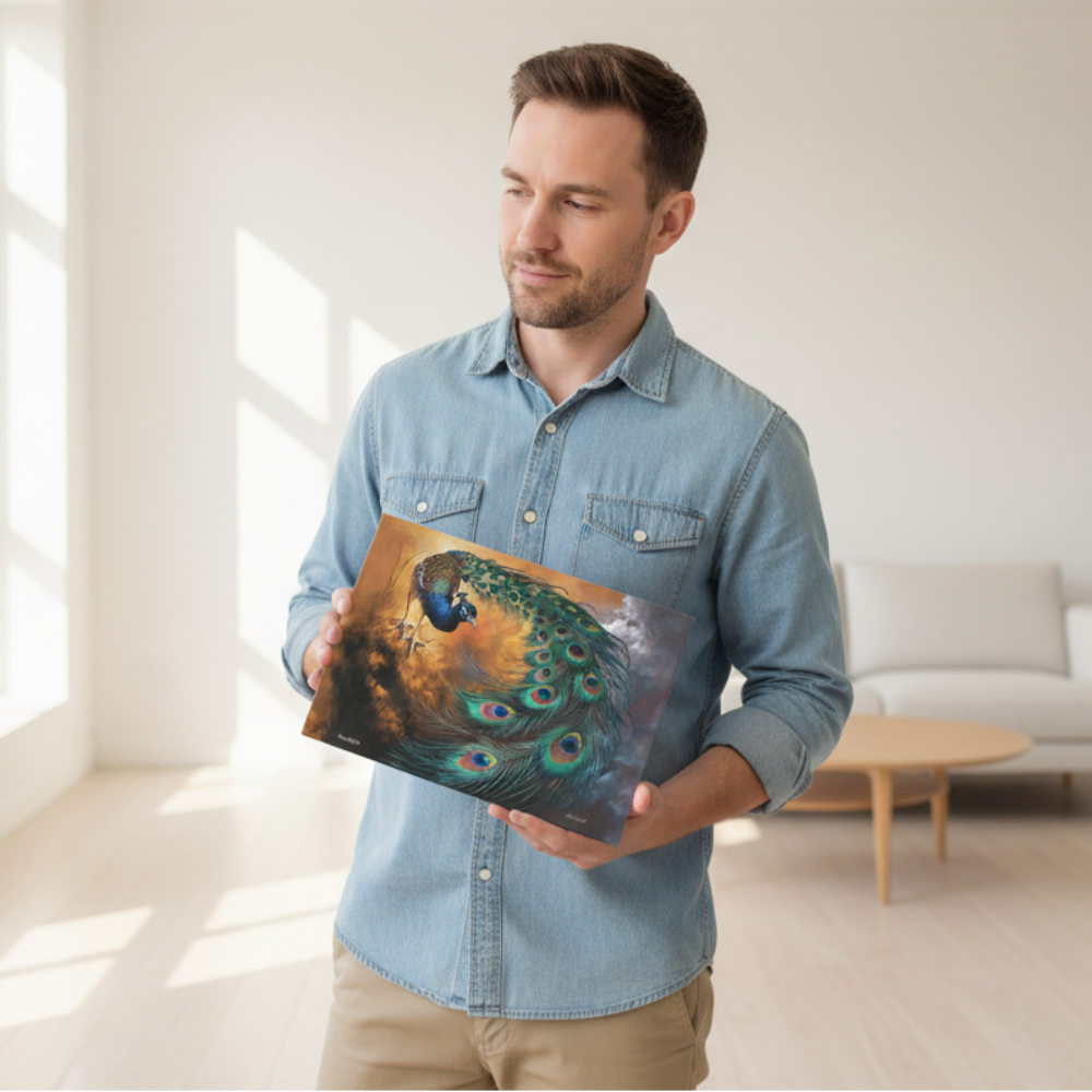 Man holding a painting of a peacock in a bright room