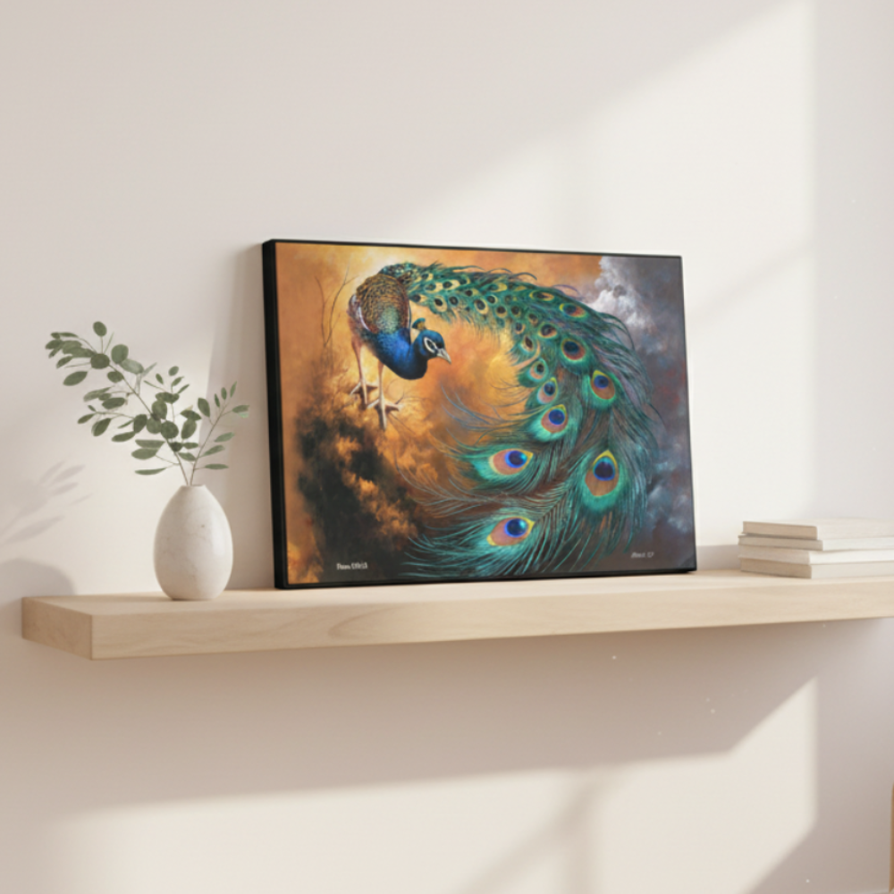 Canvas artwork of a peacock on a wooden shelf with a plant and books.