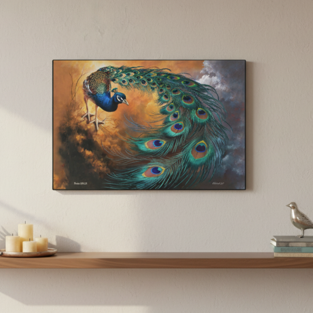 Peacock painting on a wall above a wooden shelf with decor items.