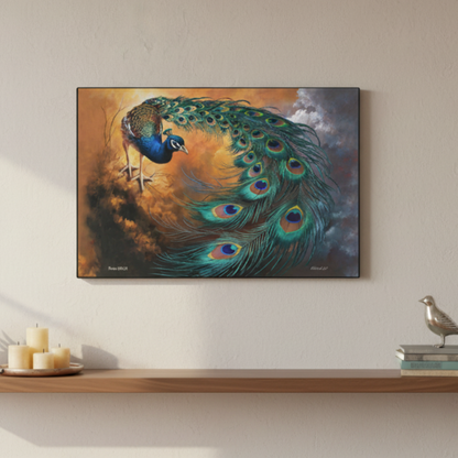 Peacock painting on a wall above a wooden shelf with decor items.