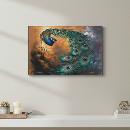 Peacock painting on a wall in a room with a shelf and decor items.