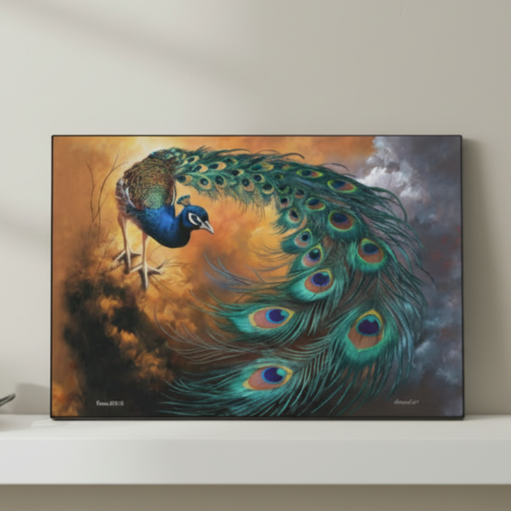 Canvas art of a peacock with vibrant feathers on a neutral background