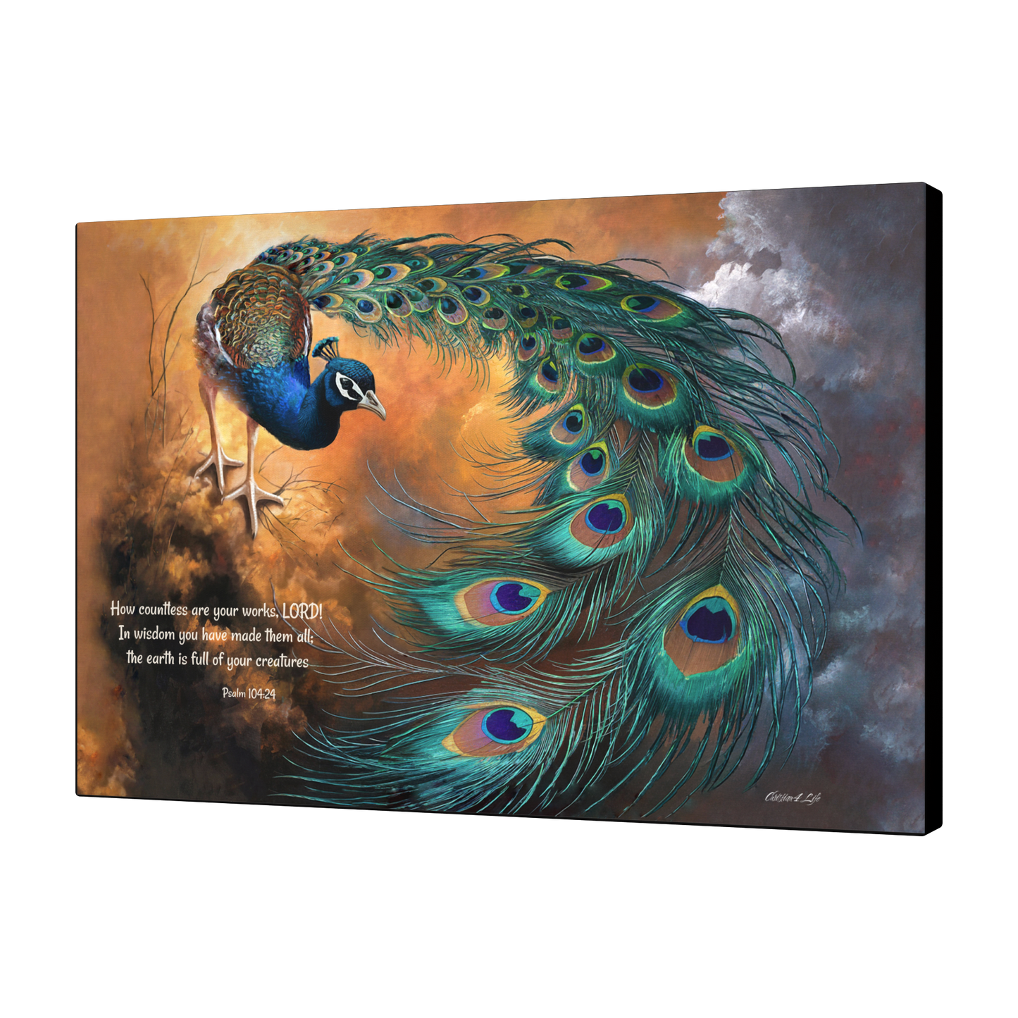 Peacock canvas art print - with Psalm 104:24 Bible Quote, Christian art celebrating God's creative power