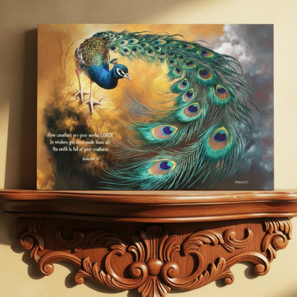 Peacock painting on a wooden shelf with decorative carvings