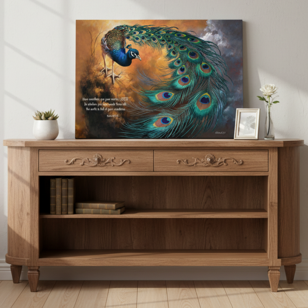 Wooden console table with decorative items and a peacock painting on a wall.