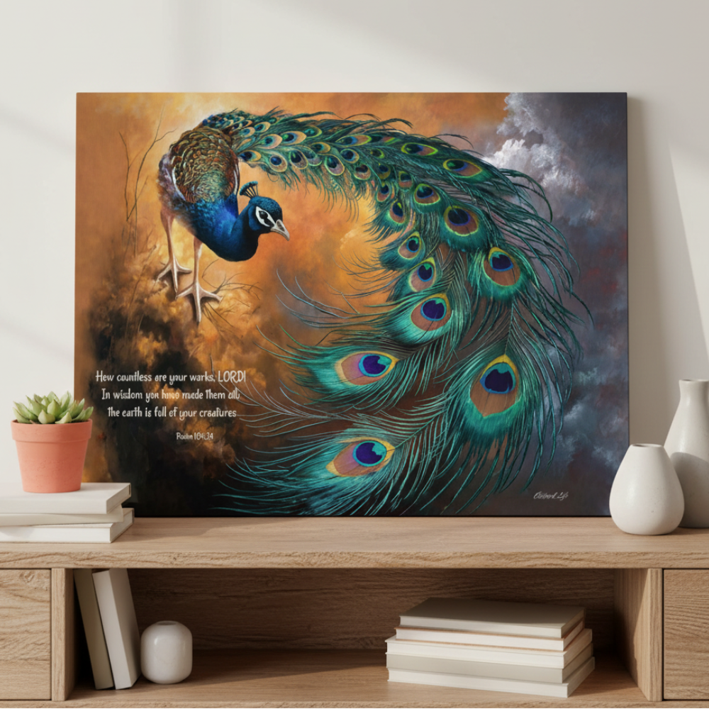 Peacock canvas art print - with Psalm 104:24 Bible Quote, Christian art celebrating God's creative power