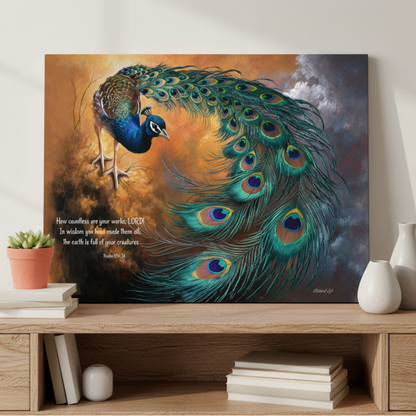 Peacock canvas art print - with Psalm 104:24 Bible Quote, Christian art celebrating God's creative power