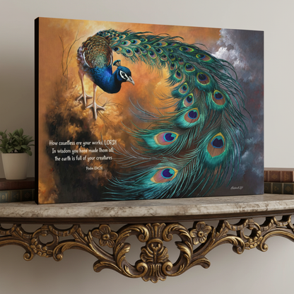 Peacock canvas art print - with Psalm 104:24 Bible Quote, Christian art celebrating God's creative power
