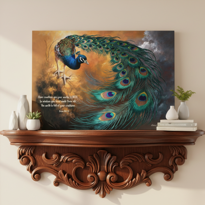 Decorative shelf with a peacock painting and decorative items on a beige wall.
